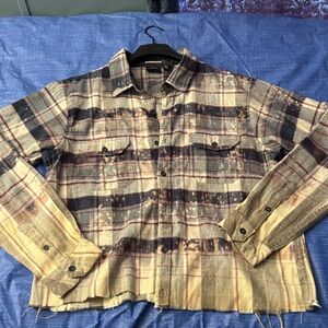 Distressed burnside Gray/Red Plaid Shirt with Navy Trim with Screenprint on back
